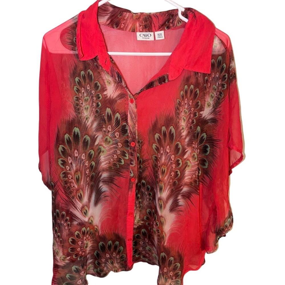 Cato Woman Red Peacock Feather Print Sheer Chiffon Button Down Shirt 18/20W
